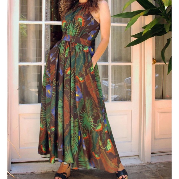 Pinup Couture Tropical Print Maxi Dress - Green and Brown - Picture 1 of 3